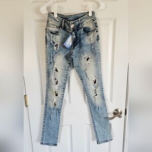 Douple Platinum Distressed Light Wash Women’s Jeans with Sequin Accents